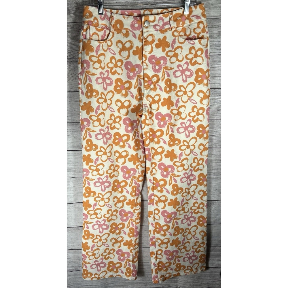 Baevely Jeans Womens L Floral All Over Daisy‎ Straight Leg Stretch Orange Size L